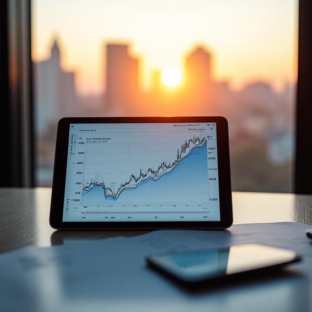 Global market data visualization overlaying the Johannesburg skyline
